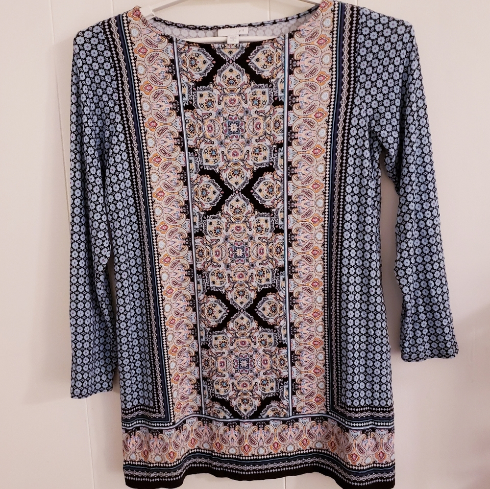 J Jill Women Top Size Small Petite Blue Floral Paisley Boho Tunic Pullover LS.